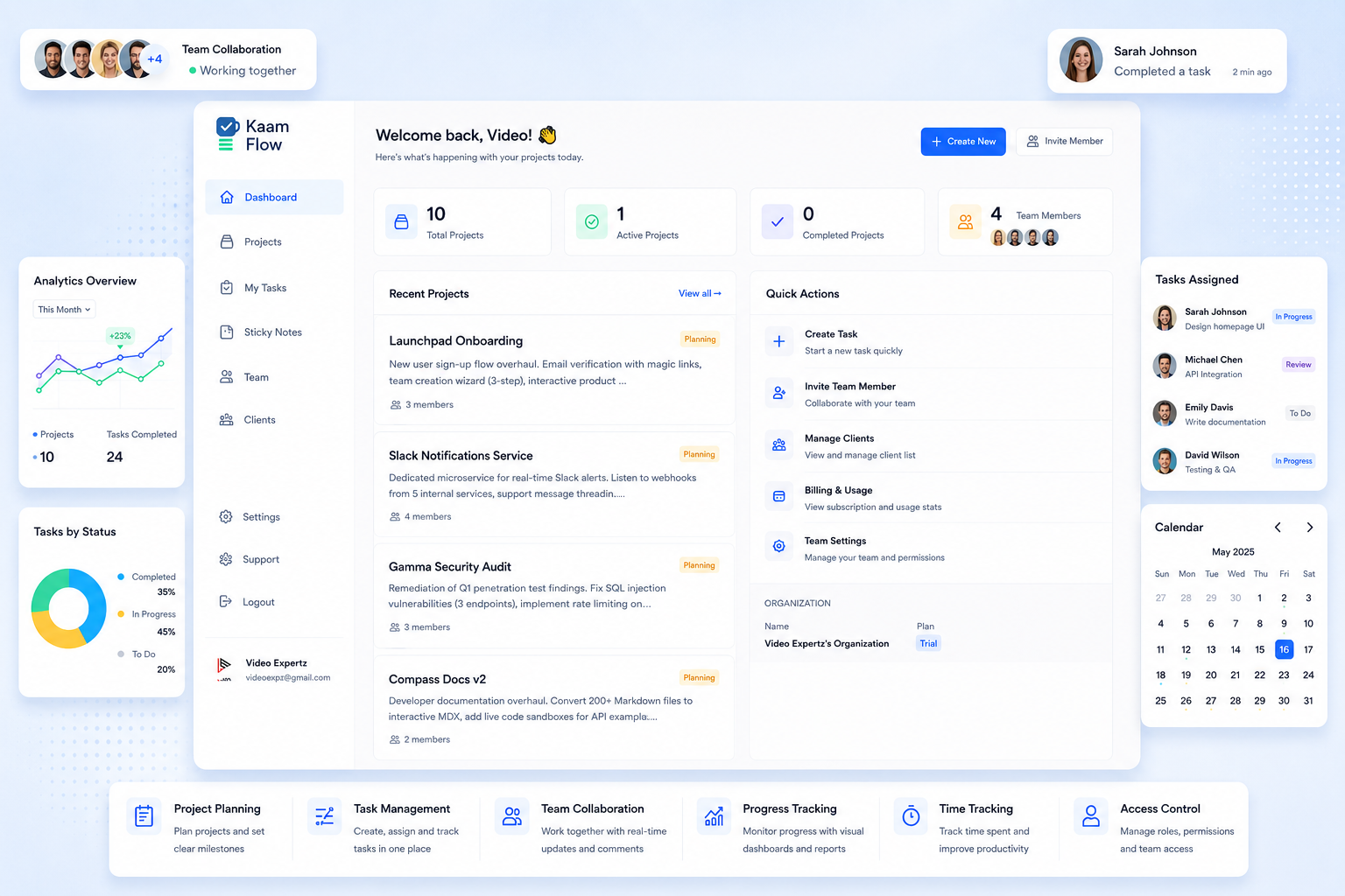 KaamFlow dashboard screenshot showing task management interface