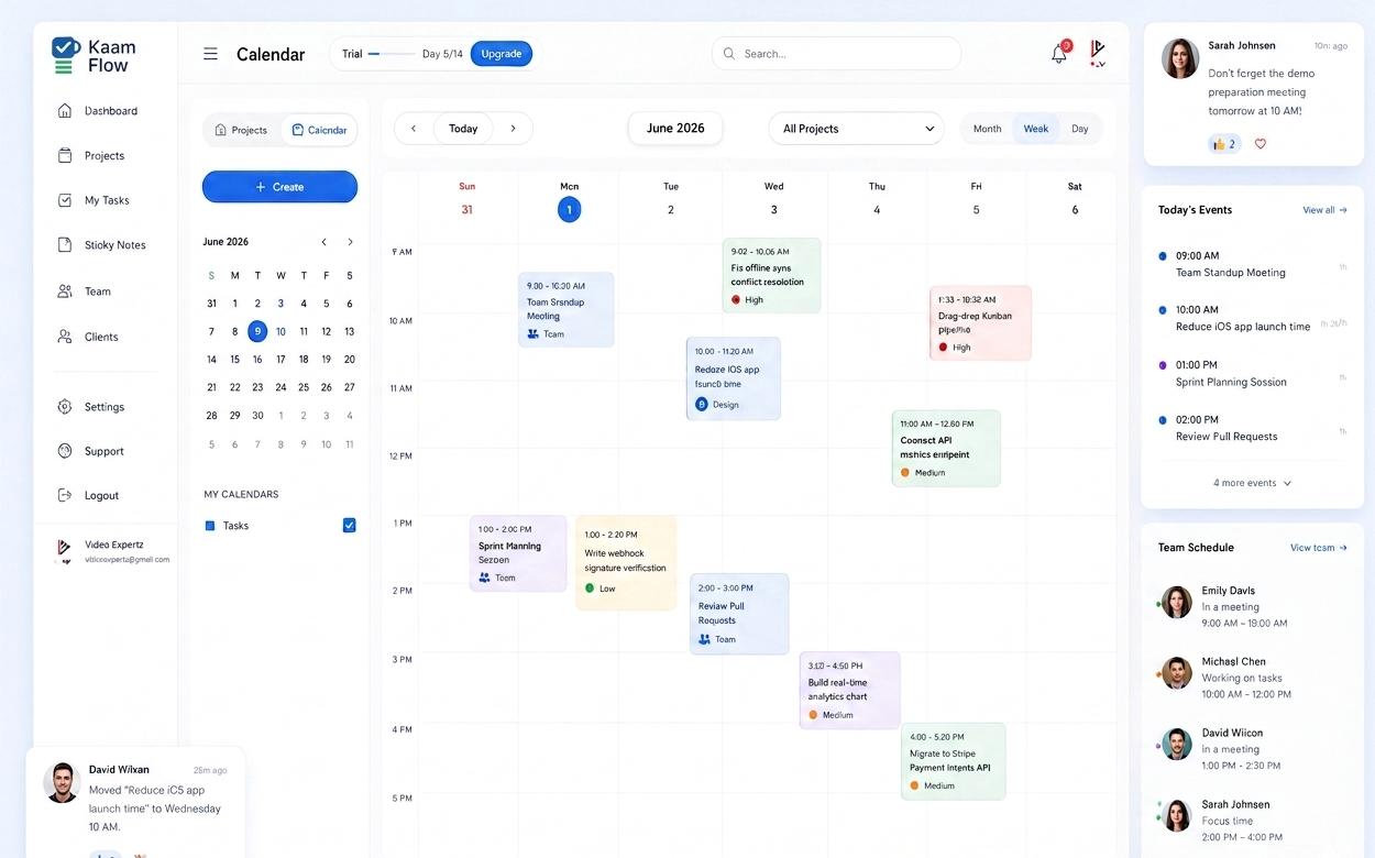 KaamFlow planner calendar showing scheduled tasks with drag and drop functionality