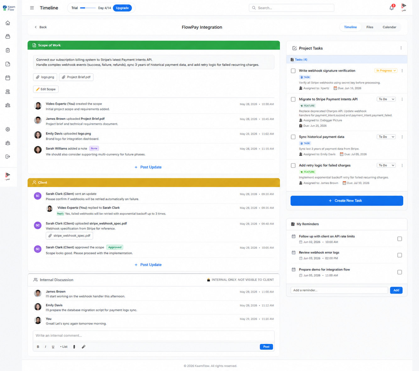 KaamFlow timeline showing project phases, tasks, and milestones